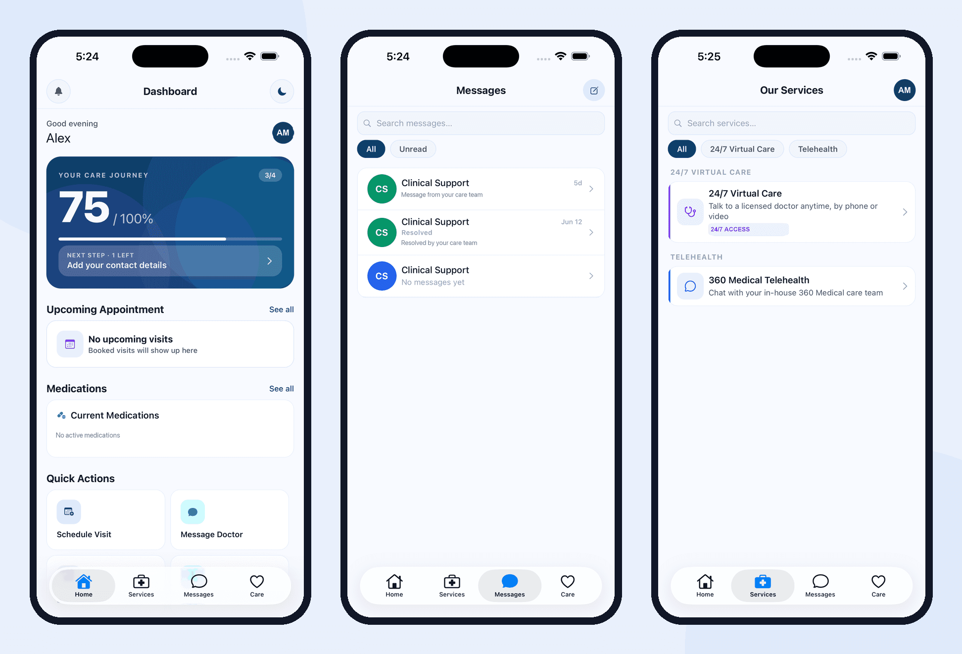 360 Medical Consulting patient care mobile app interface